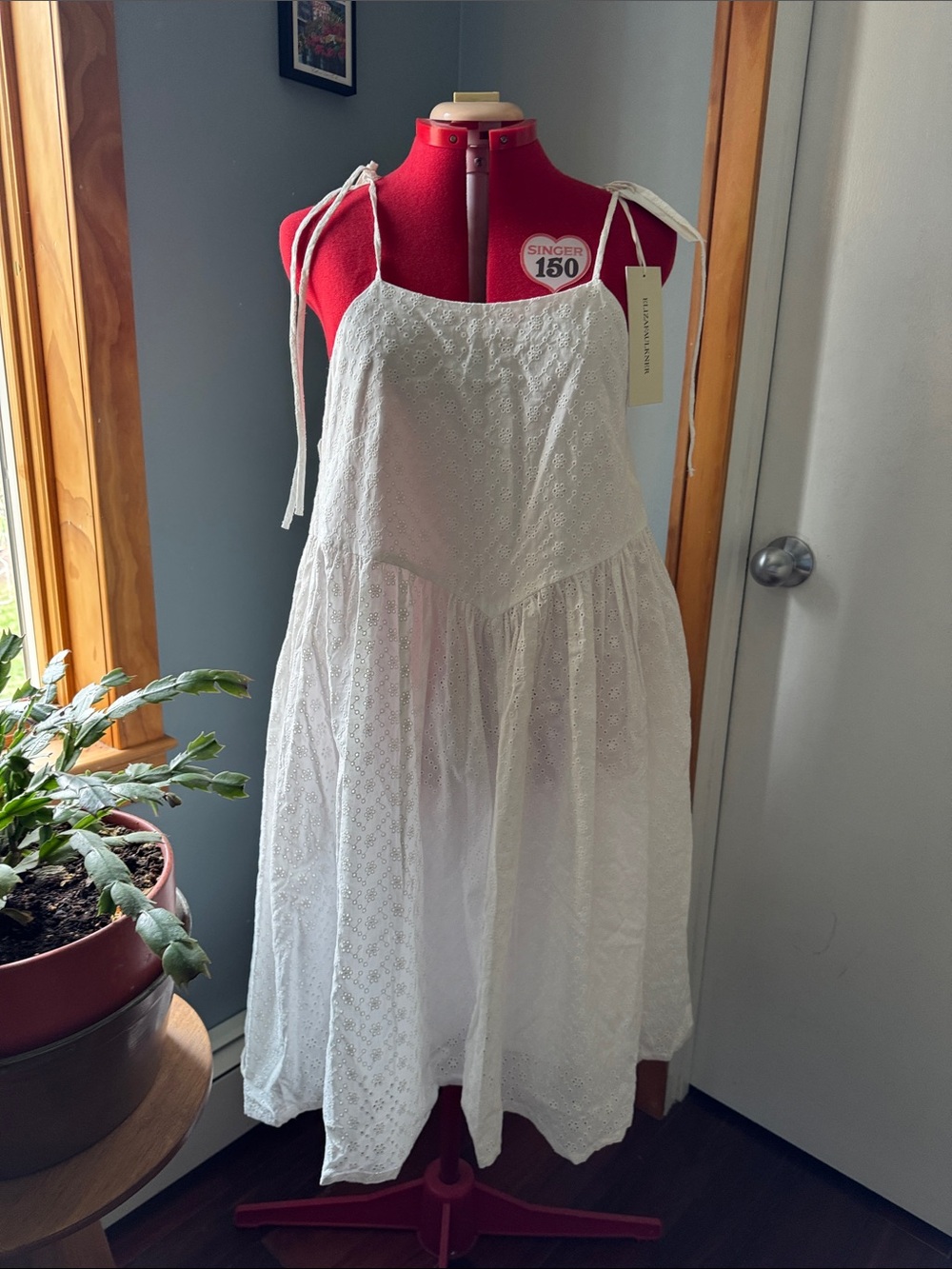 White Eyelet Tie-Shoulder Midi Dress
